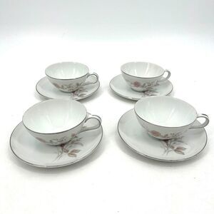 FINE CHINA JAPAN Set Of 4 Vintage Laura Teacup Saucer Plate Floral Platinum Trim